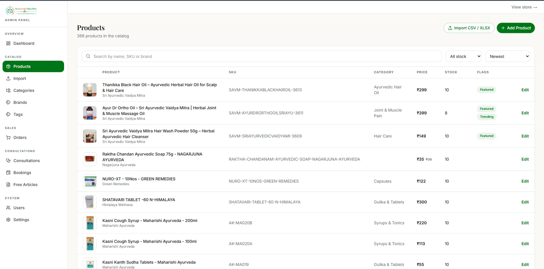 Admin product management table with search, stock filter, SKU, category, price and featured flags
