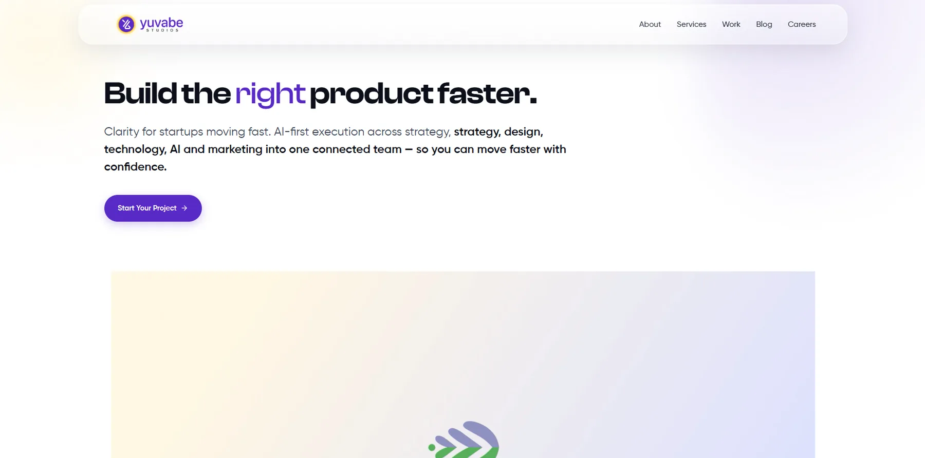 Yuvabe Studios homepage hero with the Build the right product faster headline