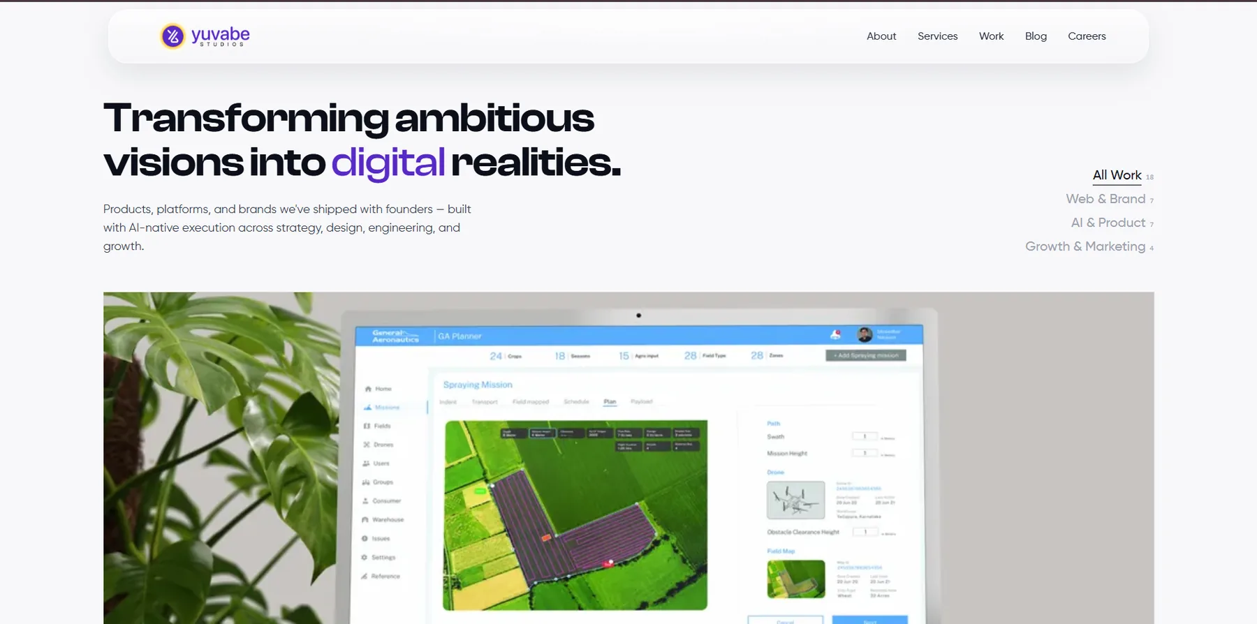 Work page with filterable project categories and featured case study