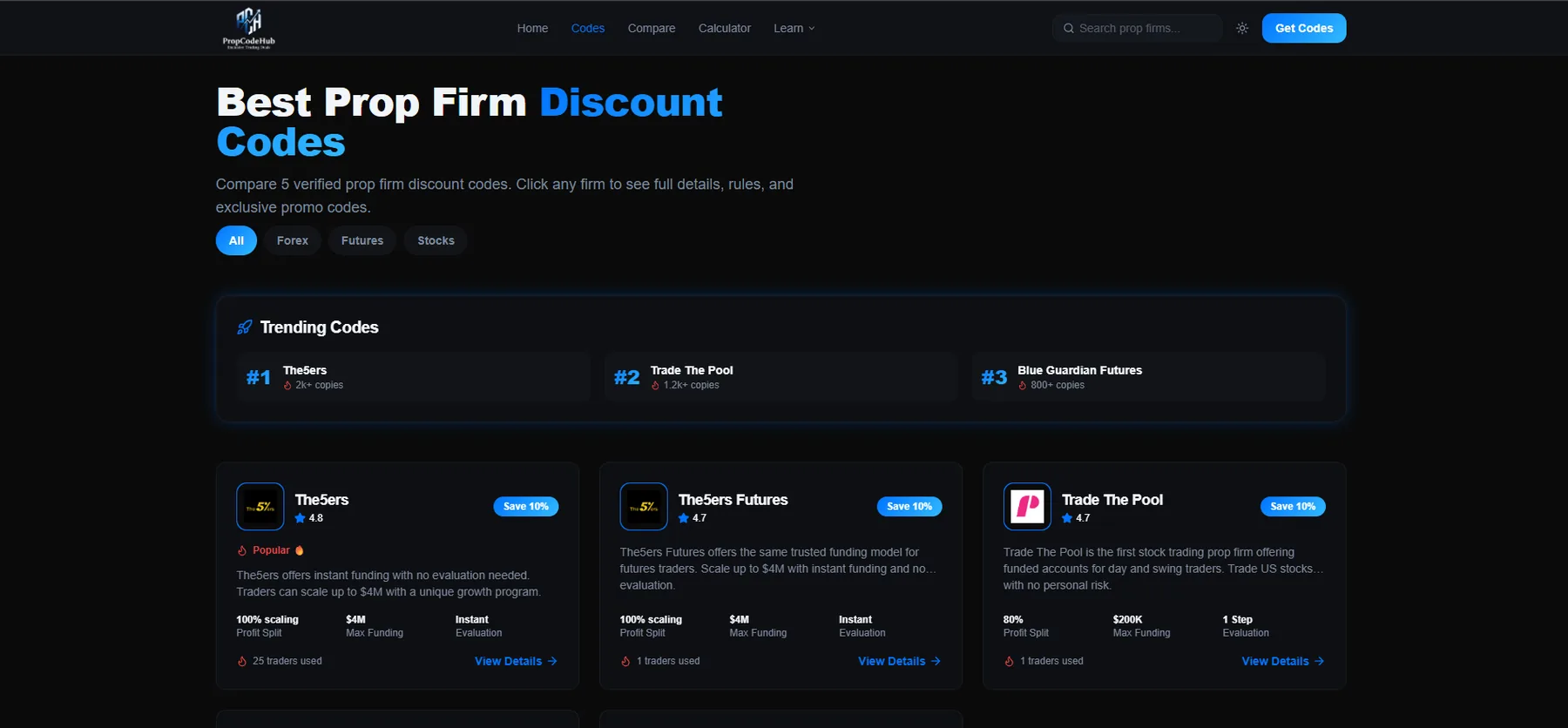 Discount codes directory with trending codes and firm cards