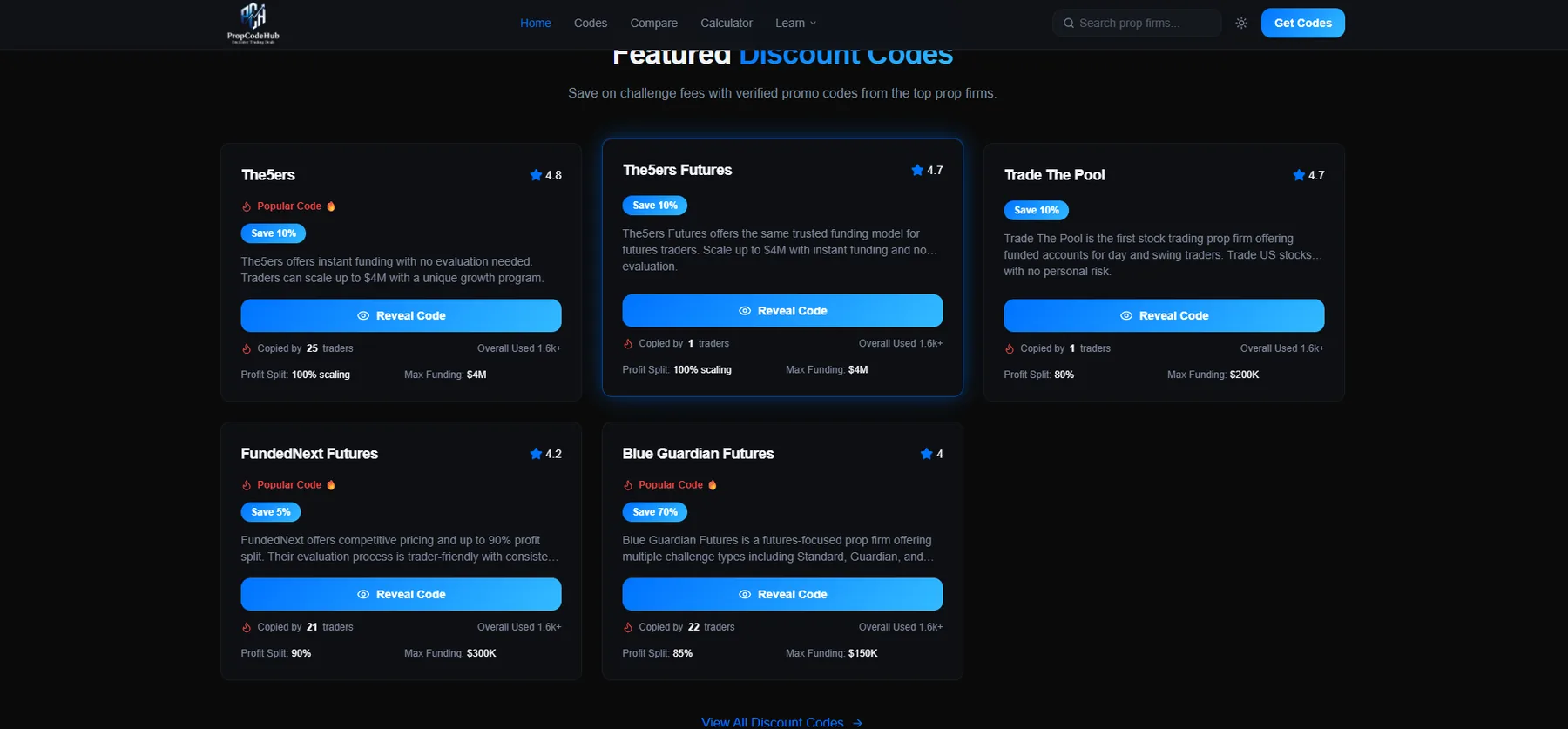 Featured discount code cards with reveal buttons and live copy counters