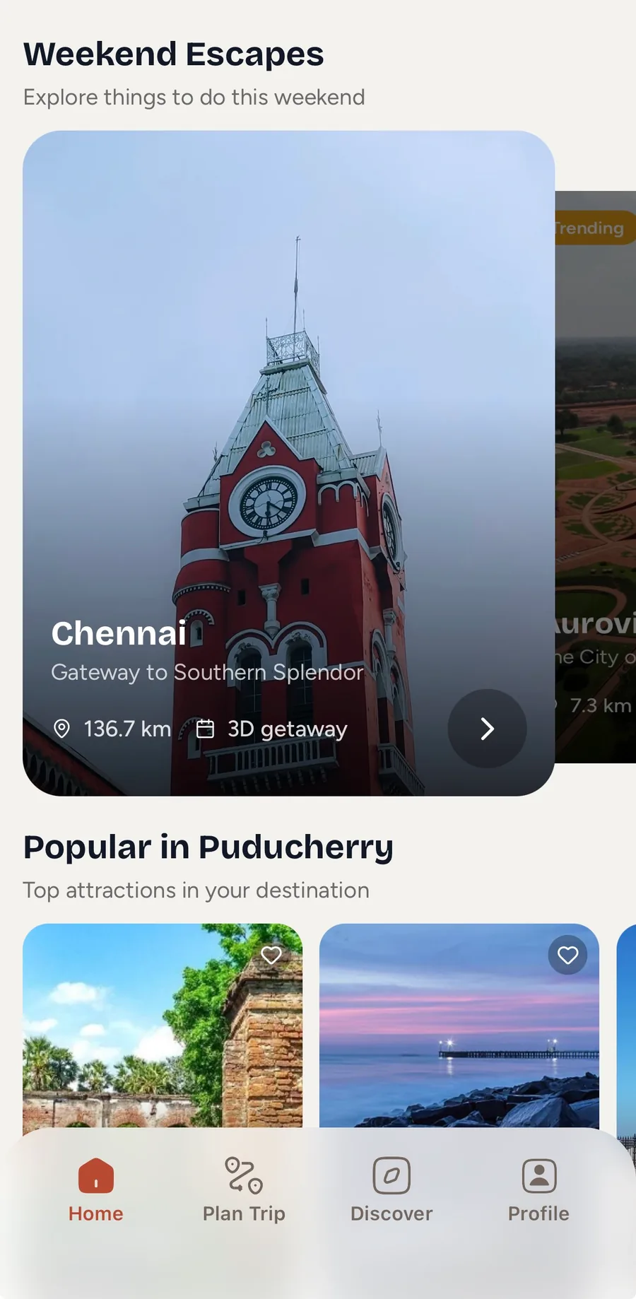 Weekend escapes carousel and popular places in Puducherry